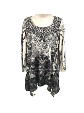 B.L.E.U. Womens Black & White Abstract Print Lace Scoop Neck Long Sleeve Tunic M